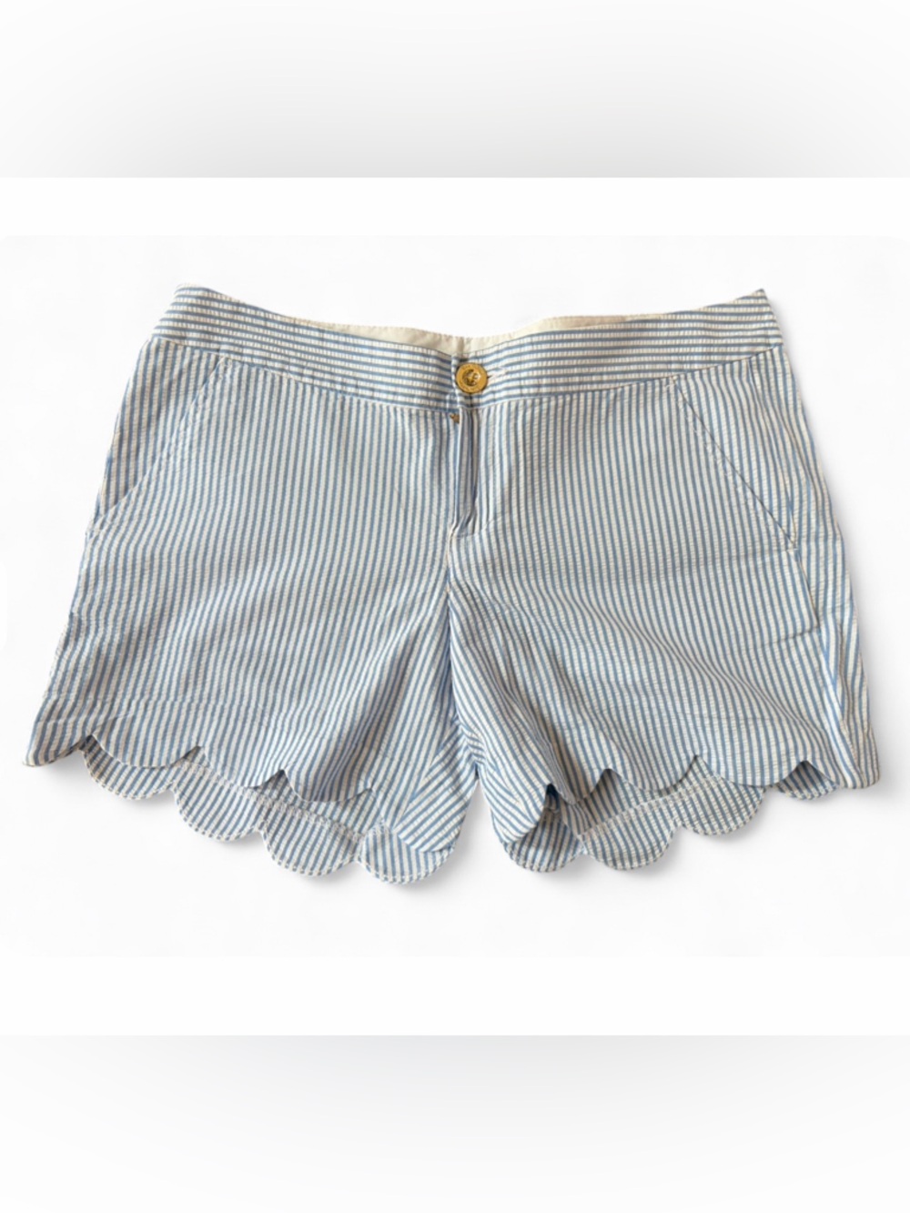 Lilly Pulitzer Buttercup Blue & White Seersucker Scalloped Shorts Summer Coastal